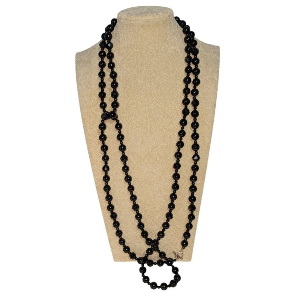Black Beaded 64" Necklace Faceted Beads Silver Toggle Closure - Picture 2 of 14
